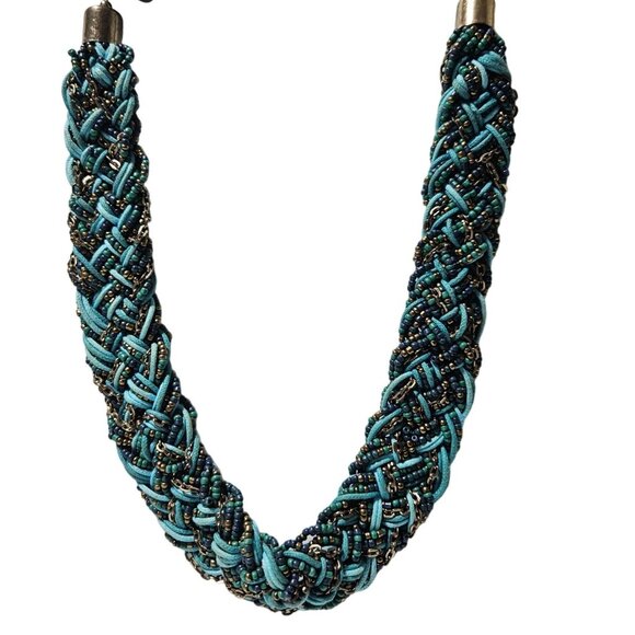 Handcrafted Boho Turquoise Gold Braided Seed Bead Chunky Necklace Retro Fashion - Picture 1 of 5
